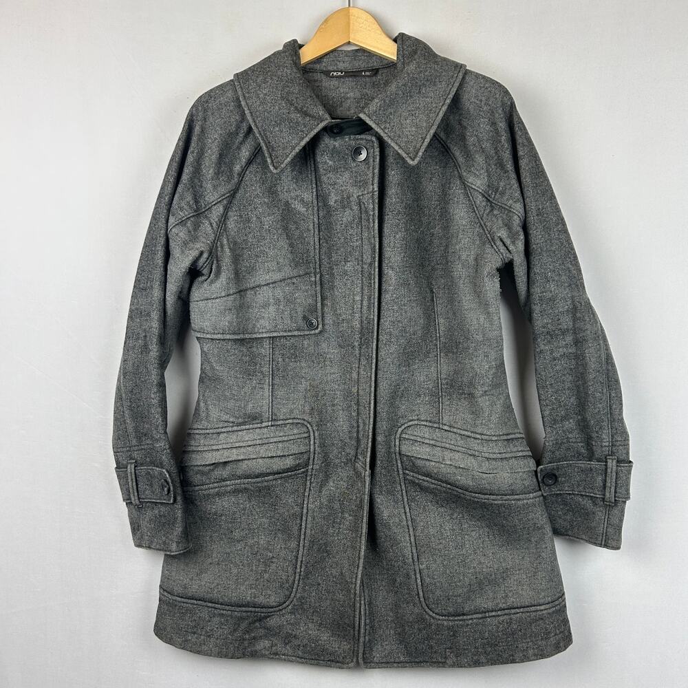 Nau Distressed Wool Coat Gray Full Zip Organic Cotton Trim Women's Size L